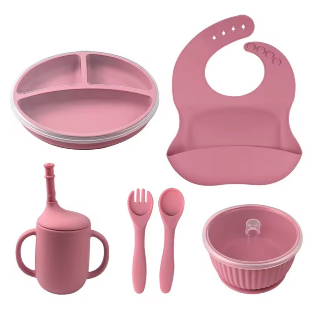 Silicone Feeding Set • 6-Piece Pink • Suction Plate, Bib, Cup, Bowl & Utensils